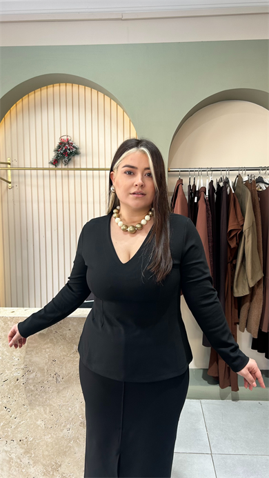 V Yaka Peplum Çelik Kumaş Bluz