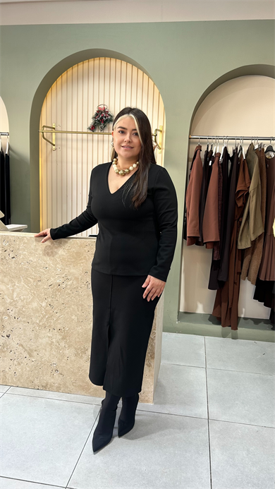 V Yaka Peplum Çelik Kumaş Bluz