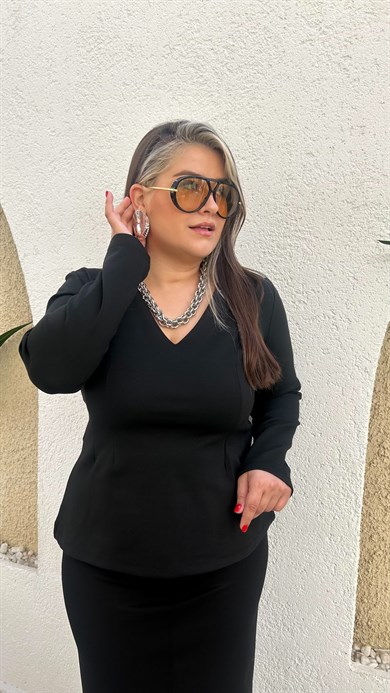 V Yaka Peplum Çelik Kumaşlı Bluz