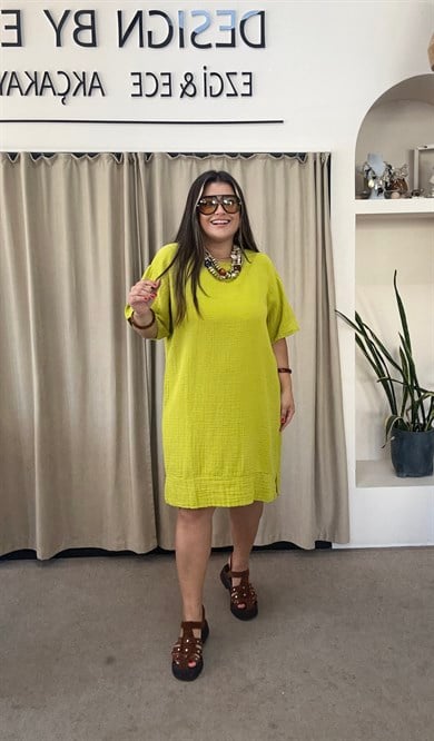 YB26760- Lime Rengi Müslin Yarım Kol Elbise