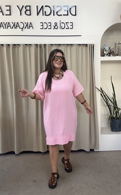 YB26760- Pembe Rengi Müslin Yarım Kol Elbise