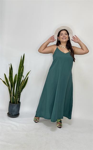Yeşil Ayarlanabilir Askılı Cupro Elbise