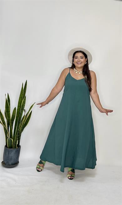 Yeşil Ayarlanabilir Askılı Cupro Elbise