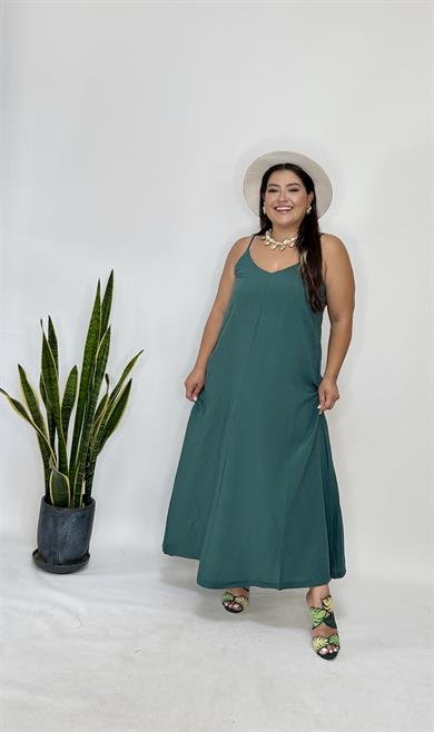 Yeşil Ayarlanabilir Askılı Cupro Elbise
