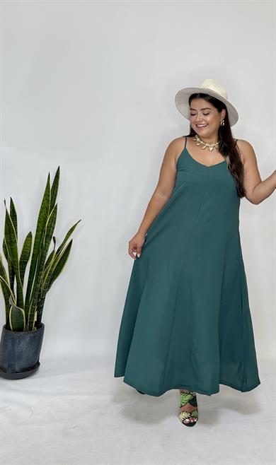 Yeşil Ayarlanabilir Askılı Cupro Elbise