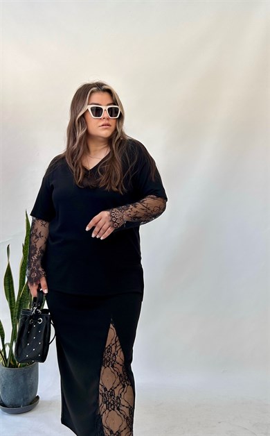 Yırtmaçlı Dantelli Etek