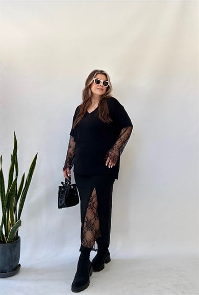 Yırtmaçlı Dantelli Etek