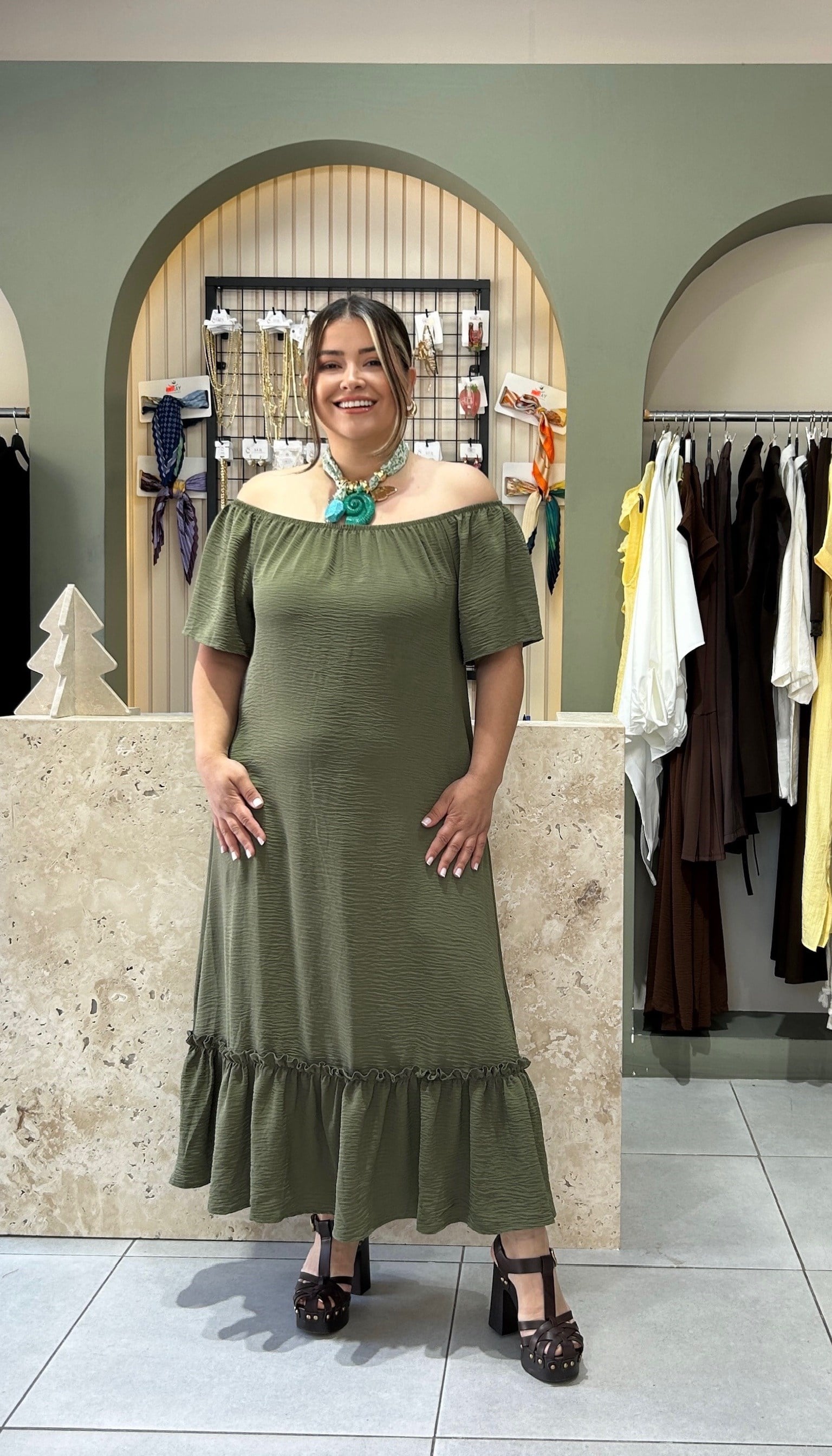 5001-Haki Madonna Elbise