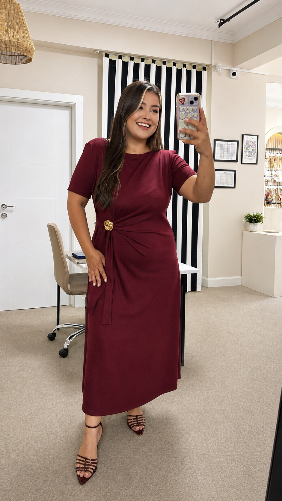 5090- Bordo Gold Tokalı Elbise