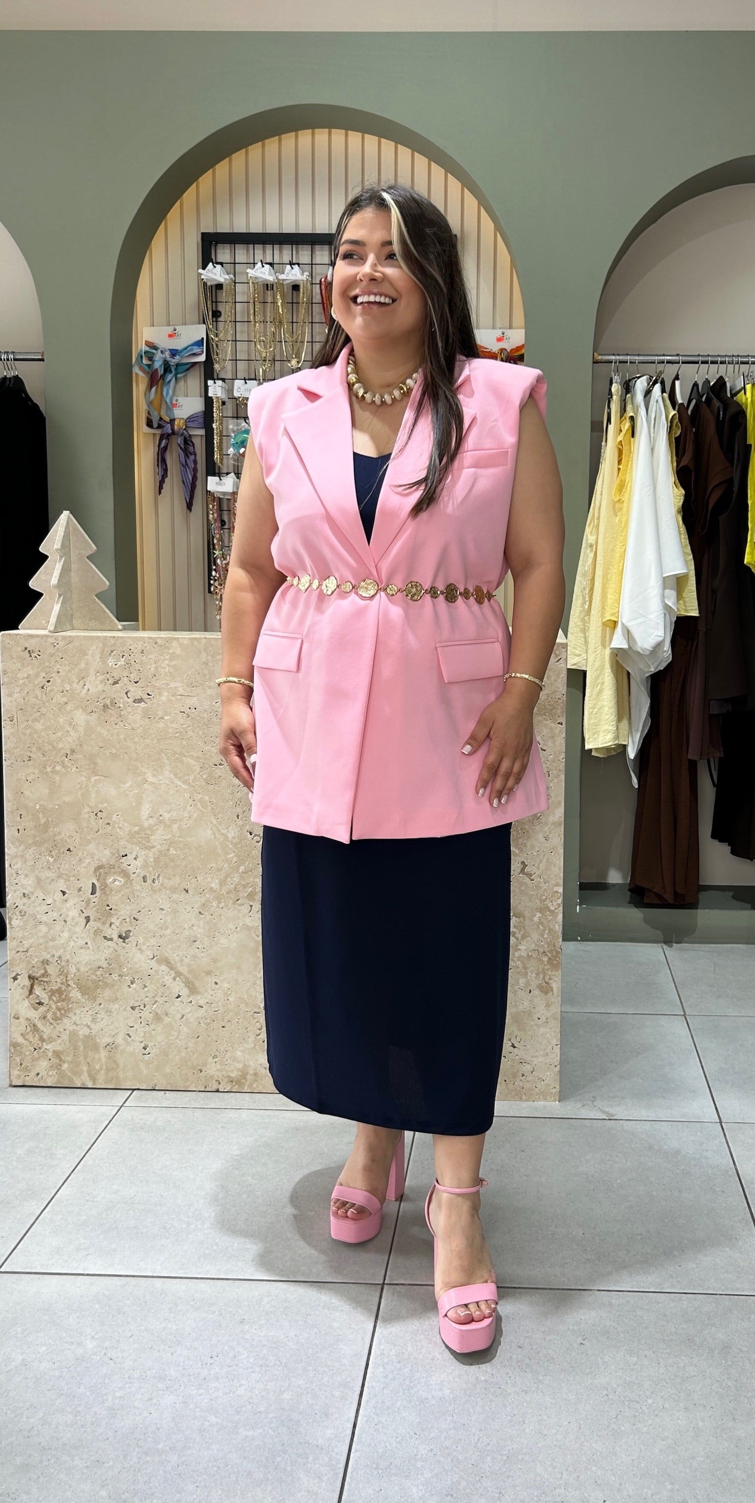 968-Pembe Vatkalı Blazer Yelek