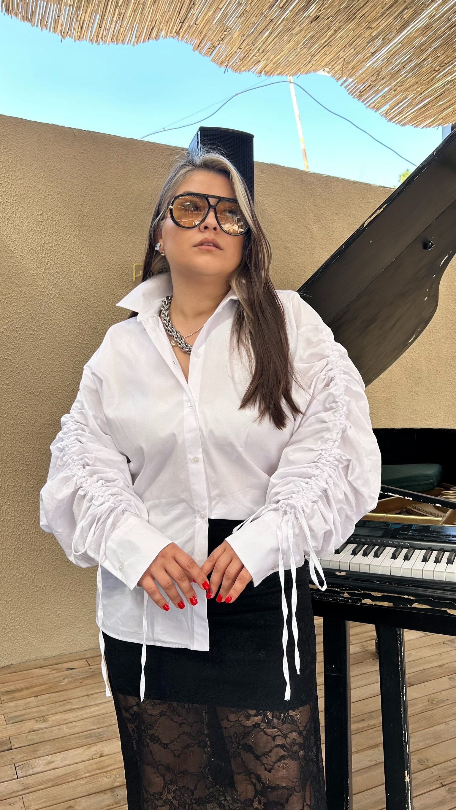 Beyaz Poplin Büzgülü Gömlek