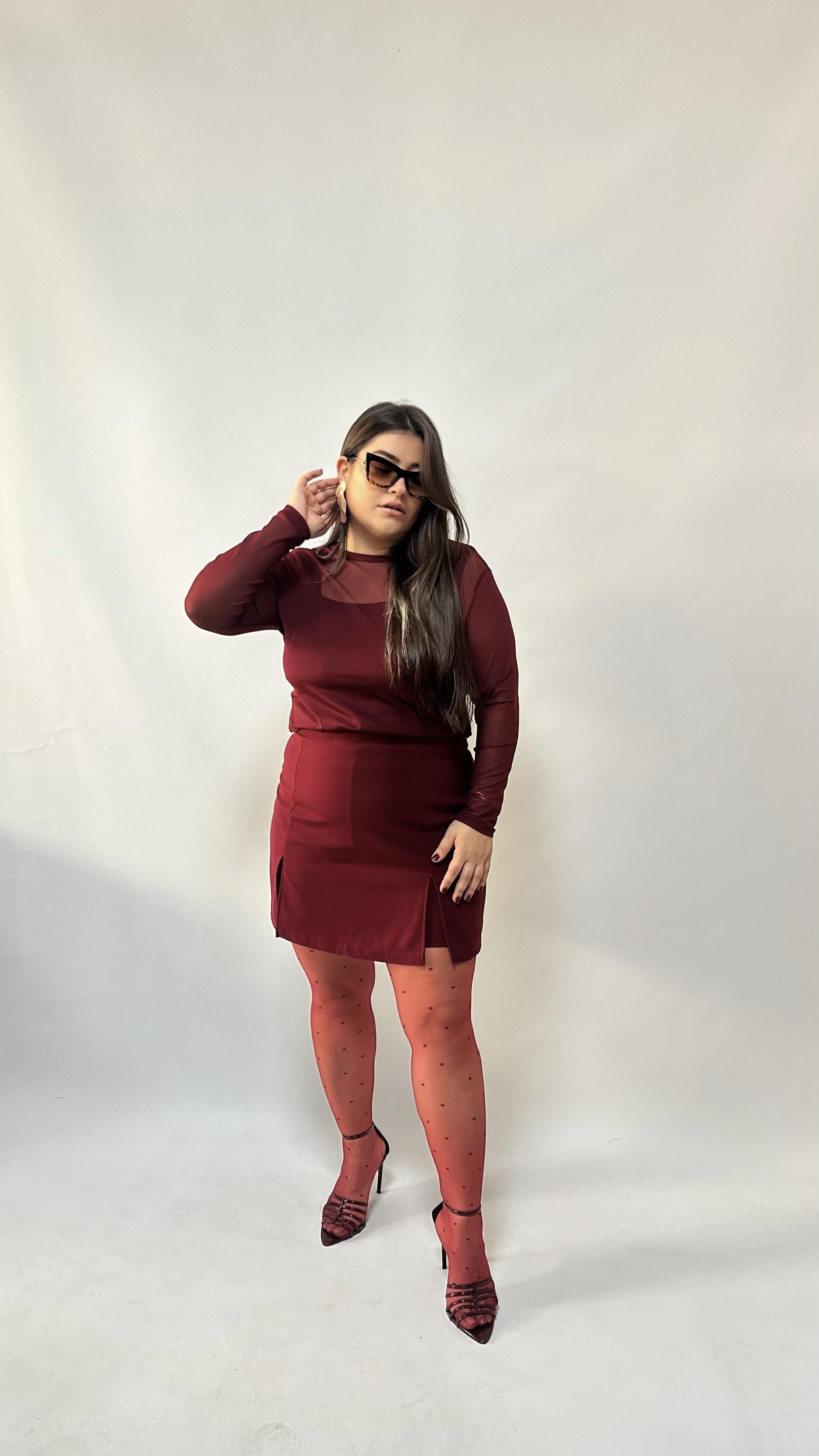 Bordo Çift Yırtmaçlı Likralı Şort Etek