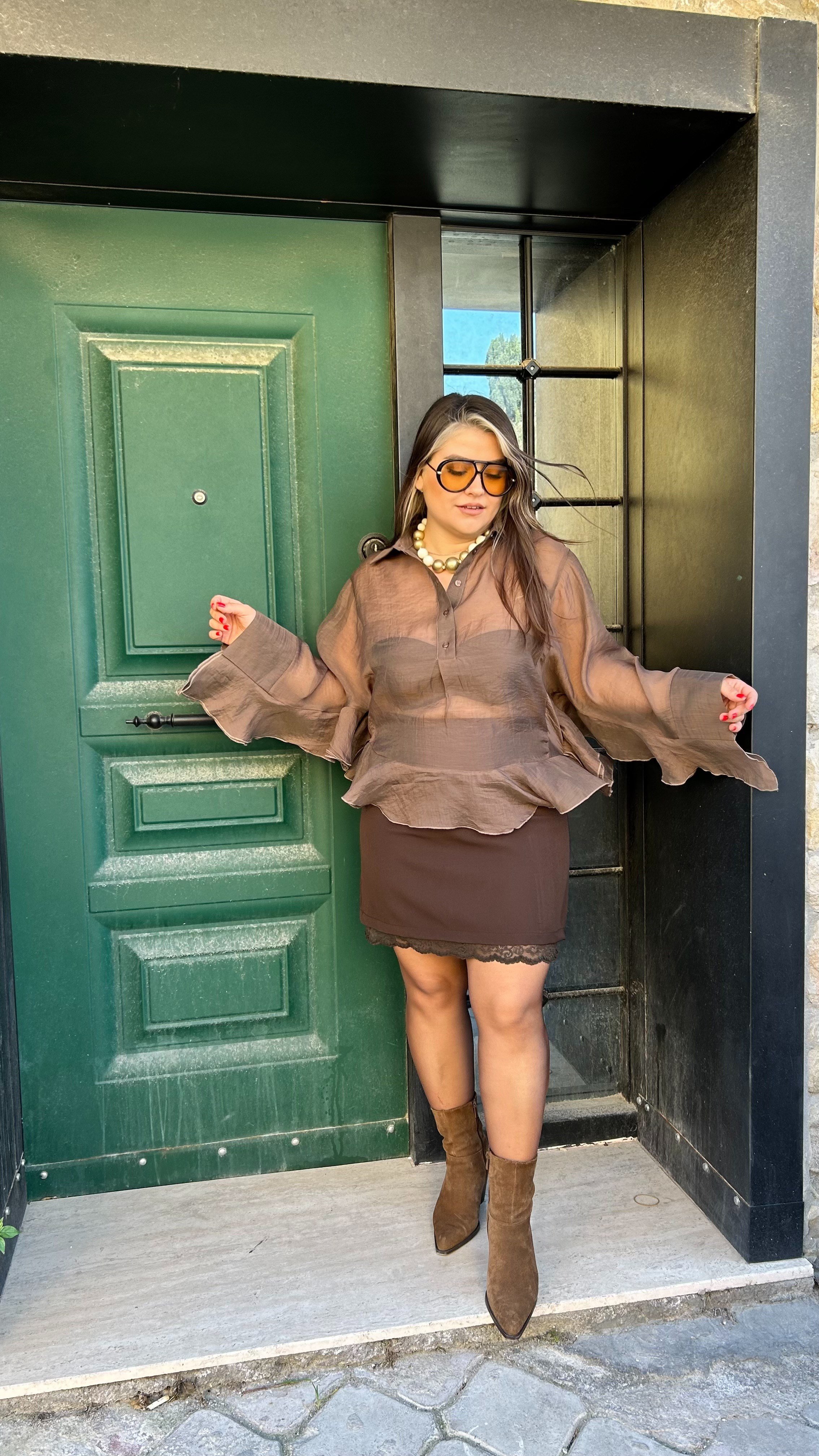 Dantel Detay Kahverengi Etek