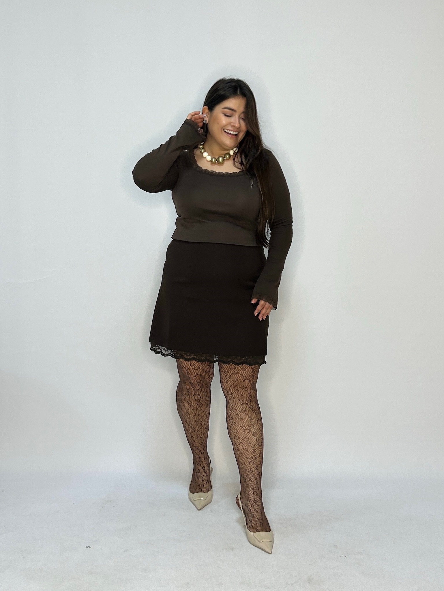 Dantel Detaylı Kahverengi Etek