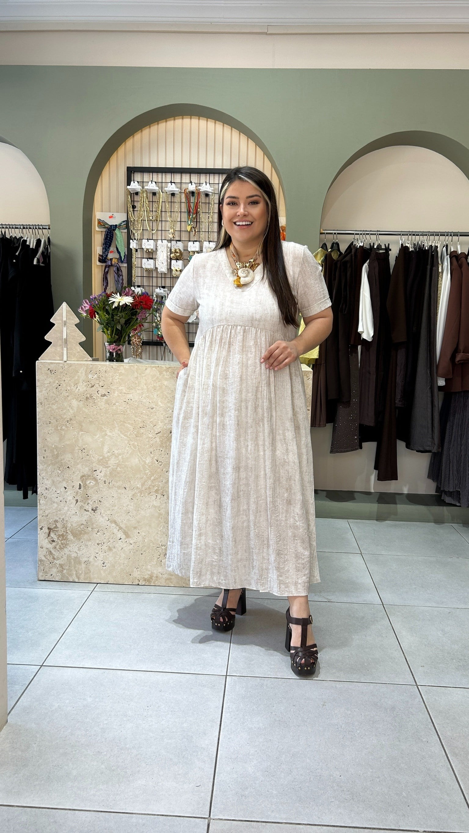Krem Batik Desen Elbise