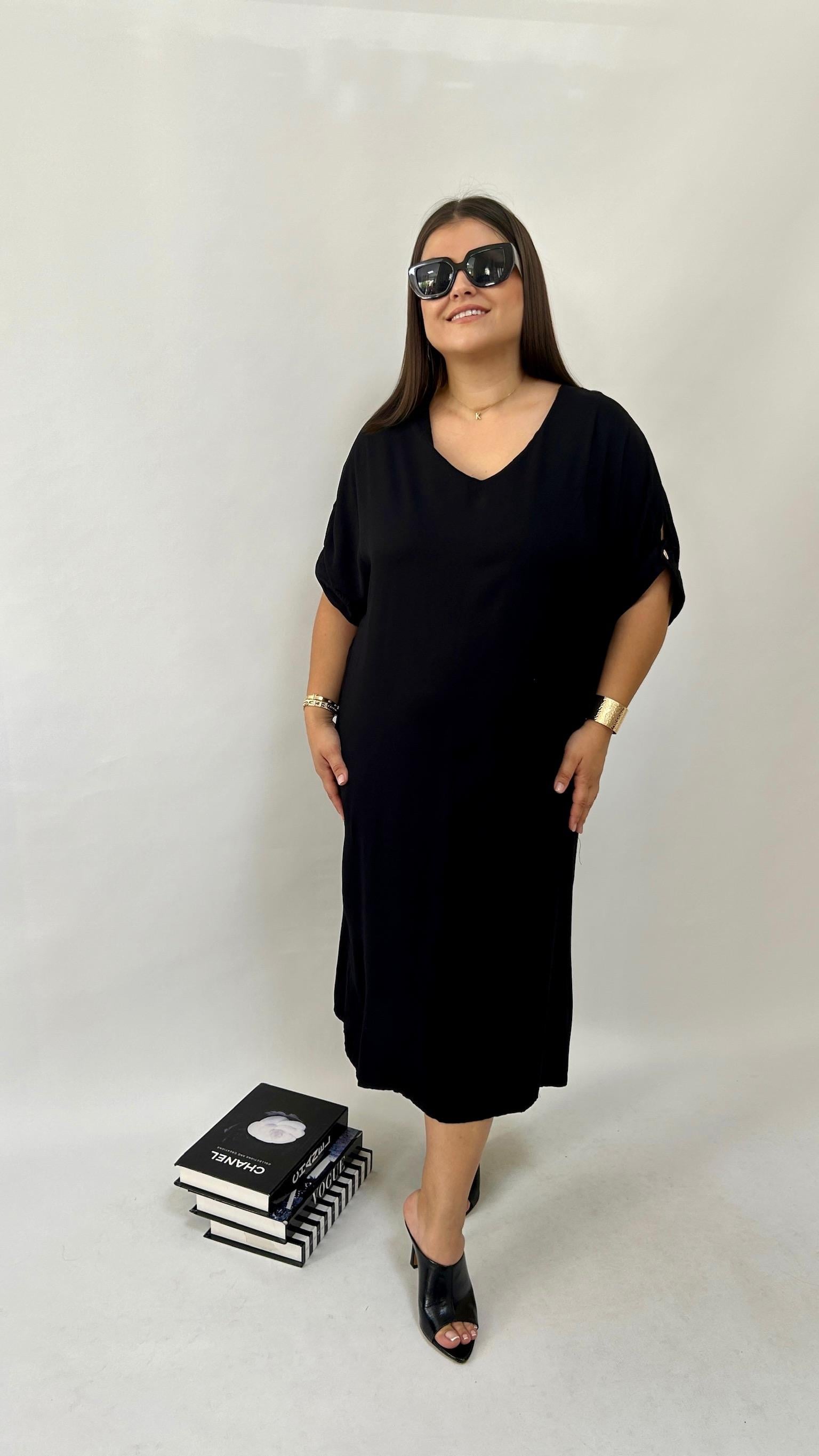 Siyah Dokuma Viskon Elbise 