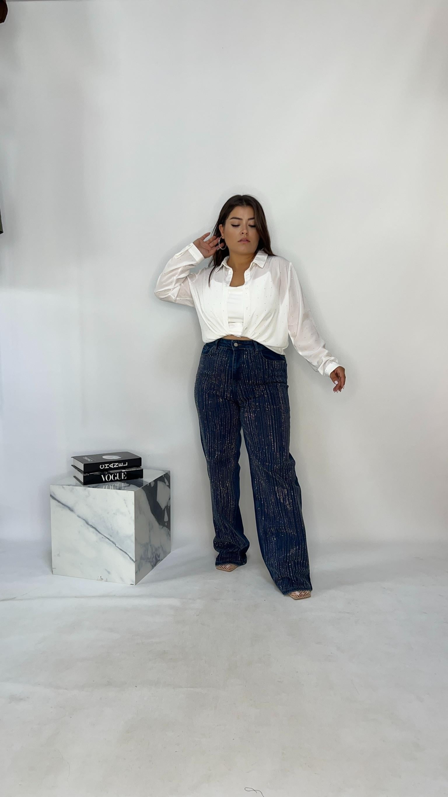 Toparlayıcı Likralı Mavi Taşlı Palazzo Jean 