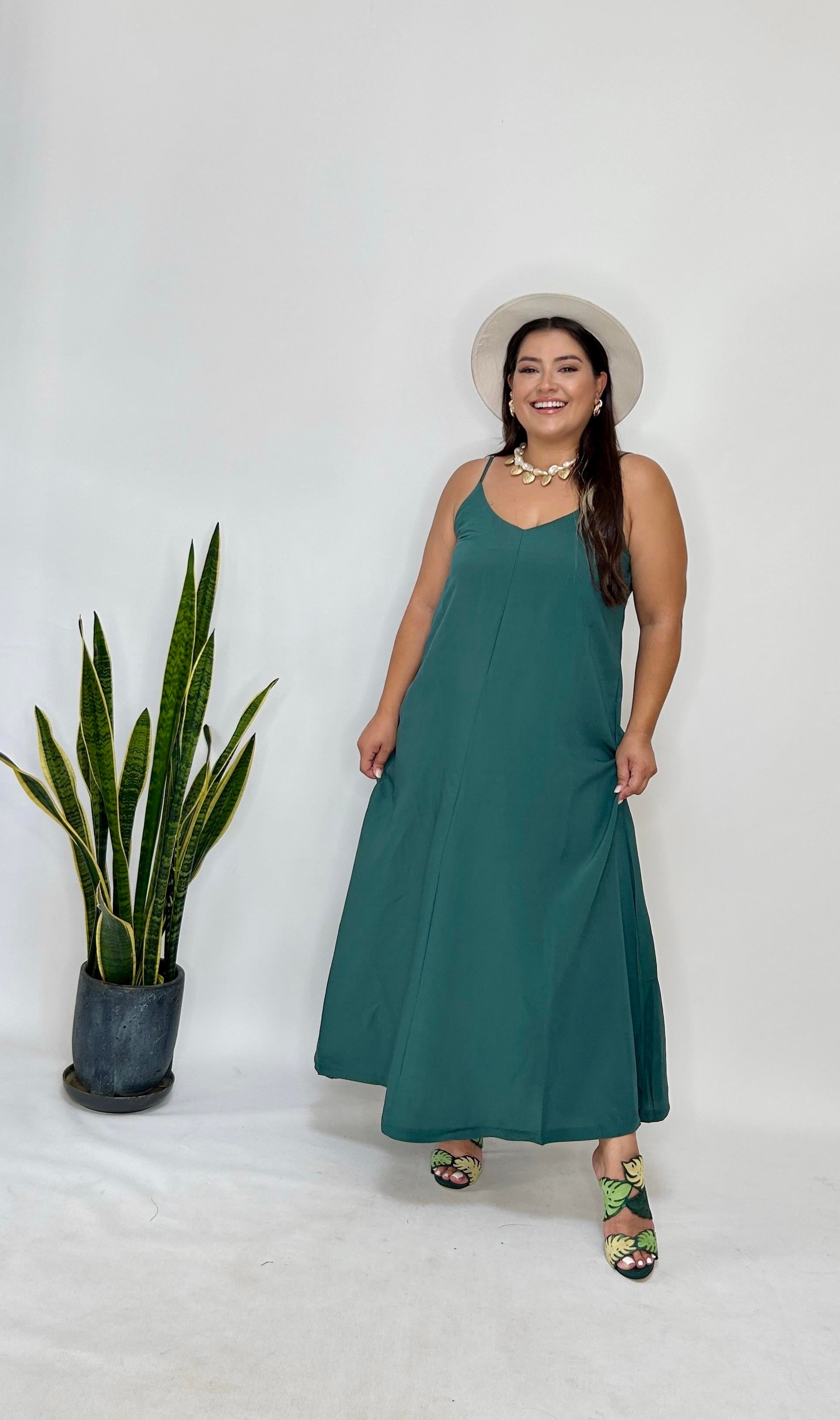 Yeşil Ayarlanabilir Askılı Cupro Elbise