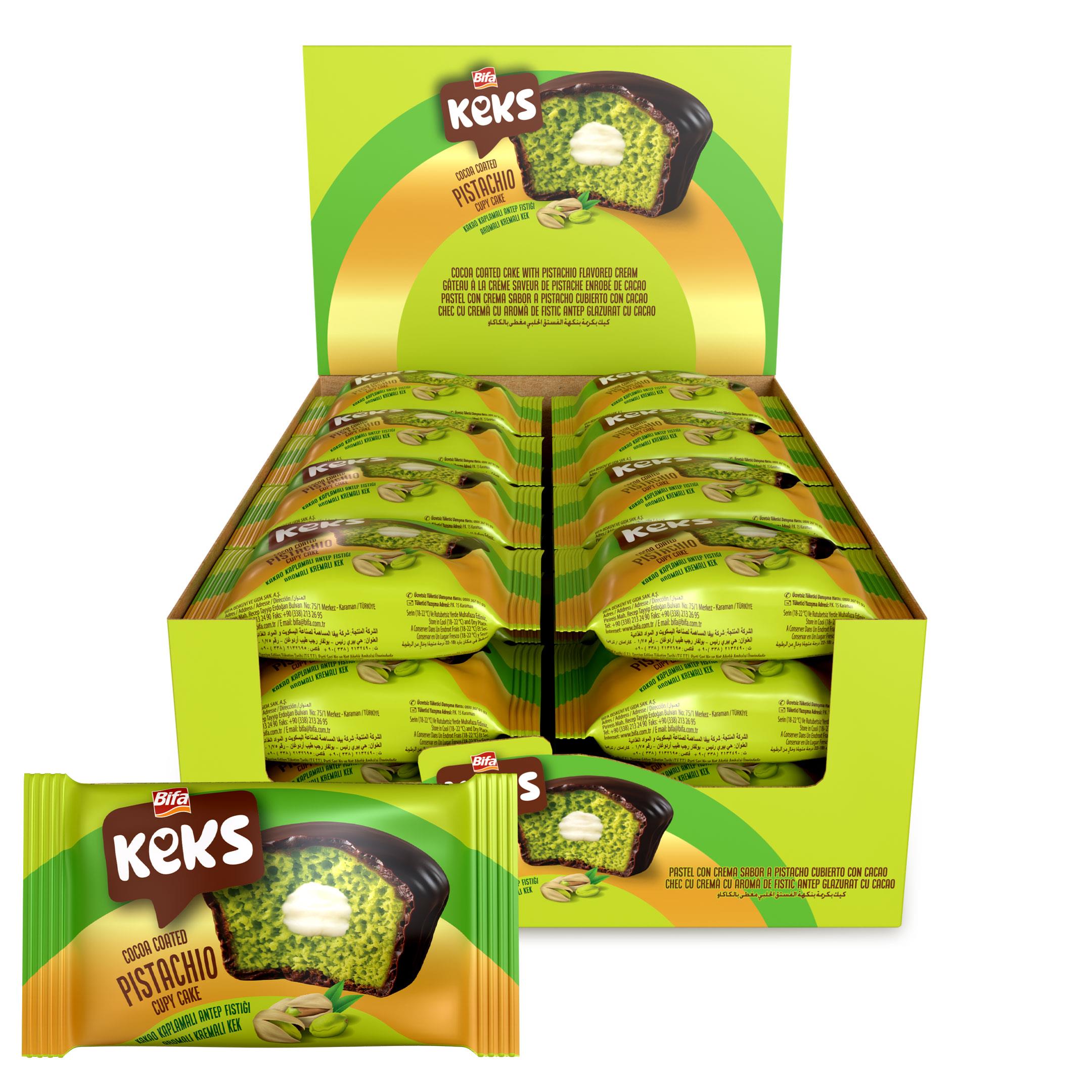 Bifa Keks Cupy Kek Kakao Kaplamalı Antep Fıstığı Aromalı Kremalı Kek 45 gr x 24 Adet