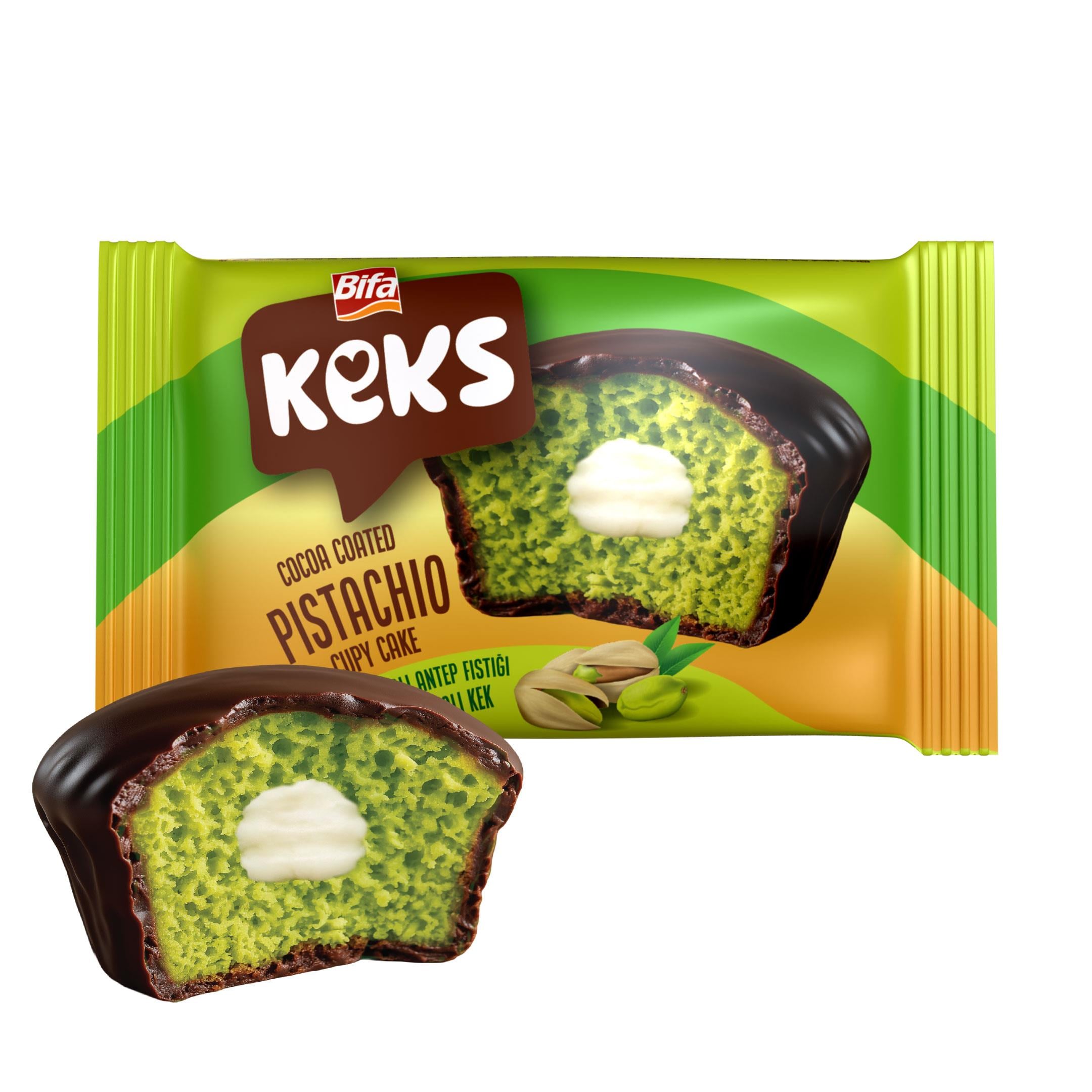 Bifa Keks Cupy Kek Kakao Kaplamalı Antep Fıstığı Aromalı Kremalı Kek 45 gr x 24 Adet