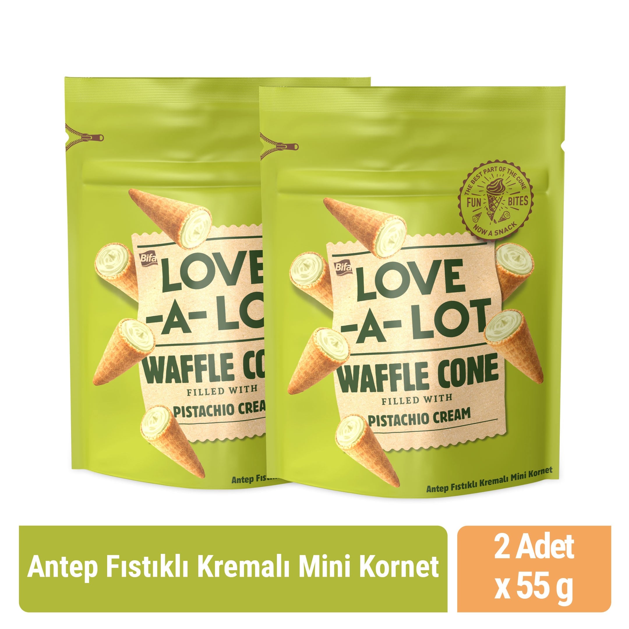 Bifa Love-A-Lot Antep Fıstıklı Kremalı Mini Kornet 55 gr x 2 Adet