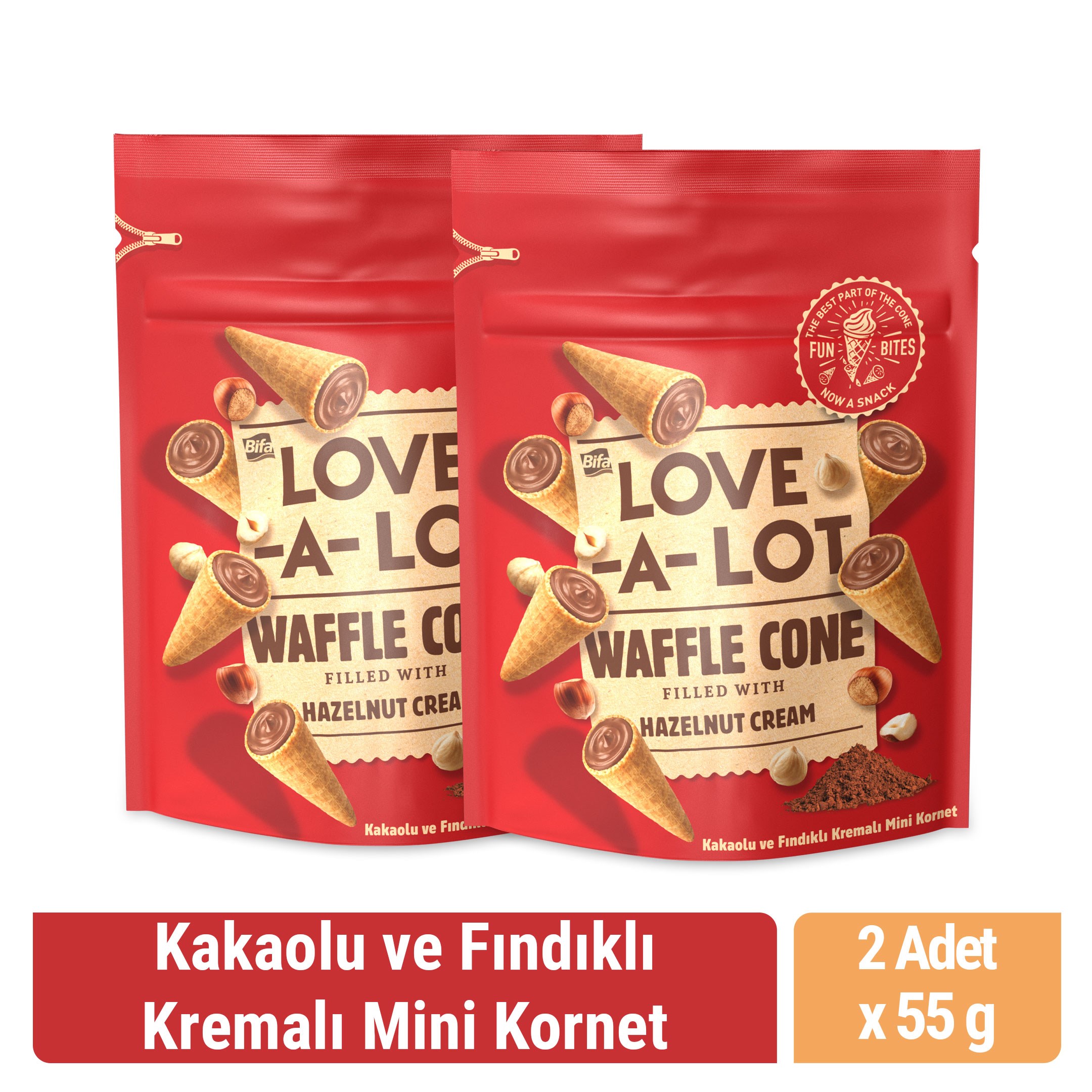 Love-A-Lot Kakaolu ve Fındıklı Kremalı Mini Kornet 55 gr x 2 Adet