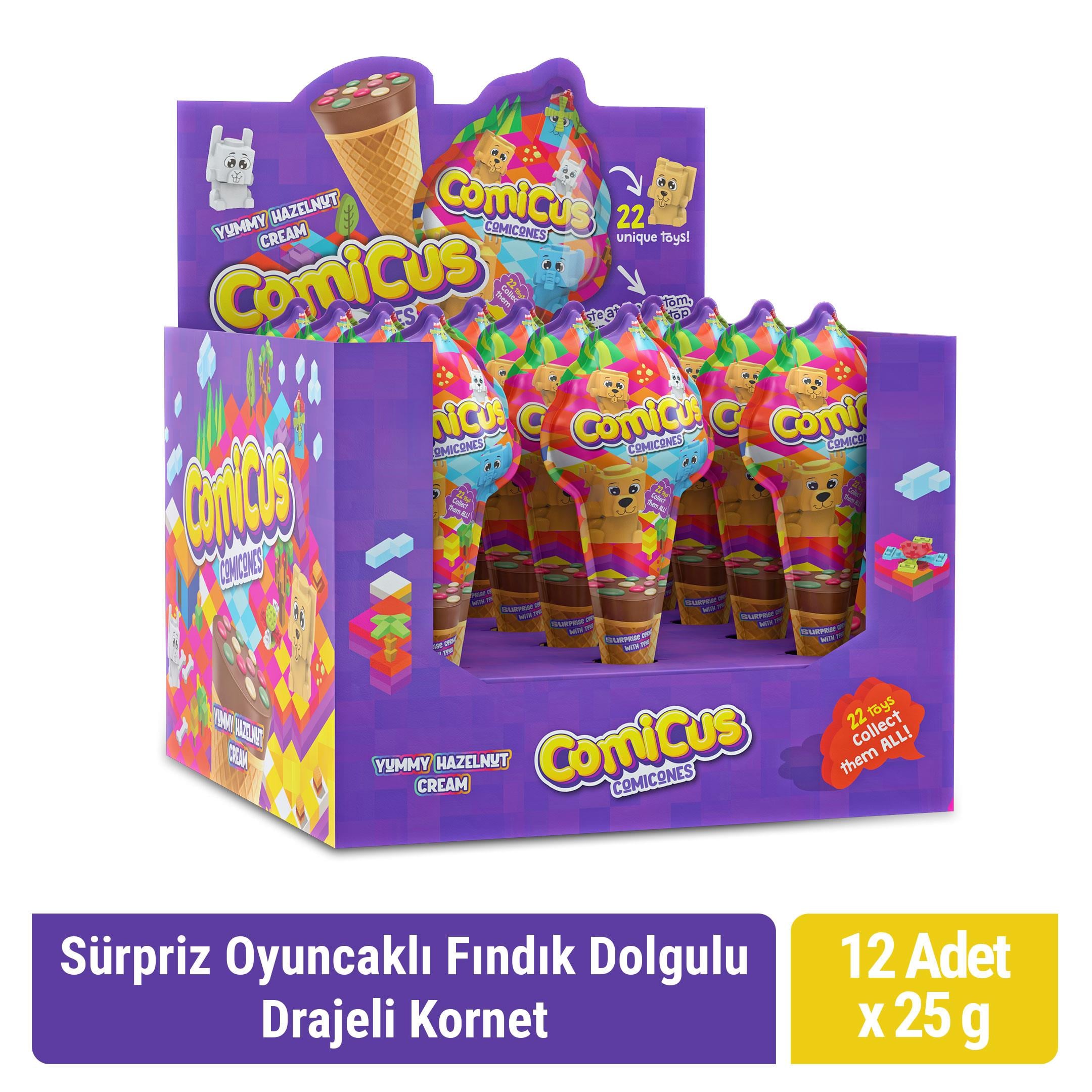 Comicus Sürpriz Oyuncaklı Fındık Dolgulu Drajeli Kornet 25gr x 12 adet