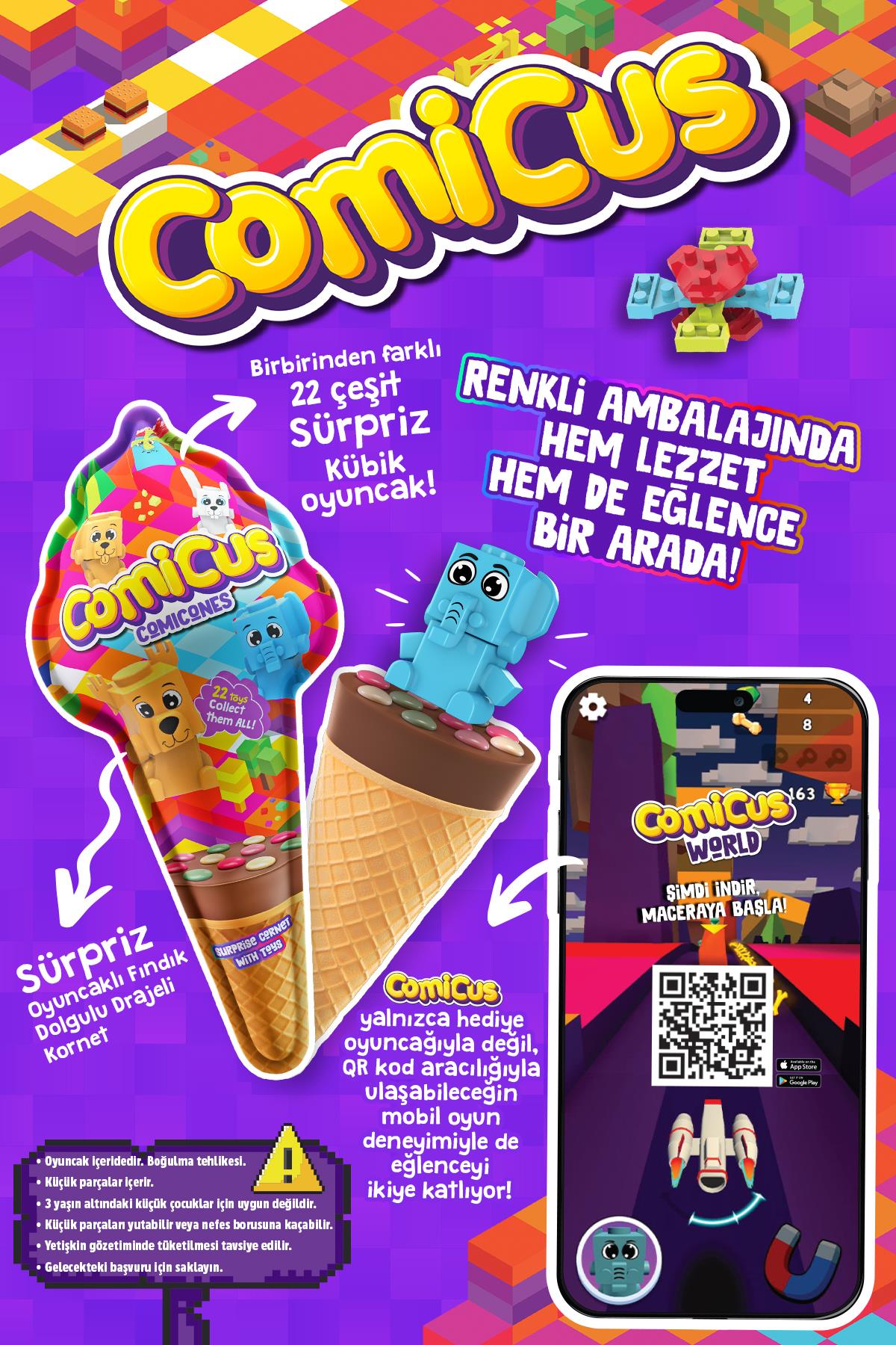 Comicus Sürpriz Oyuncaklı Fındık Dolgulu Drajeli Kornet 25gr x 3 adet