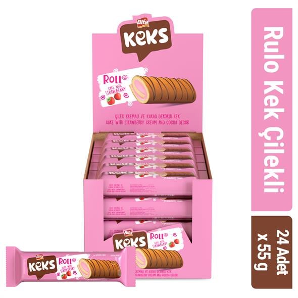 Bifa Keks Çilek Kremalı Ve Kakao Dekorlu Rulo Kek 55 gr x 24 Adet