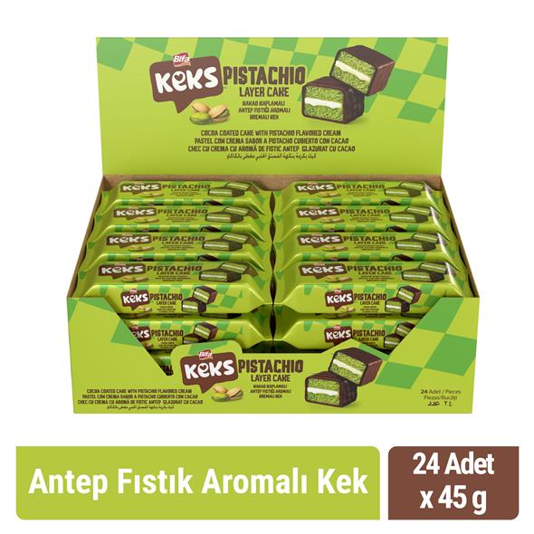 Bifa Keks Layer Kaplamalı Antep Fıstığı Aromalı Kremalı Kek 45 gr x 24 Adet