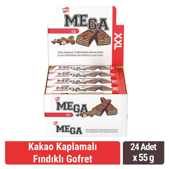 Bifa Mega Kaplamalı Fındıklı Kakao Kremalı Gofret 55 gr x 24 Adet