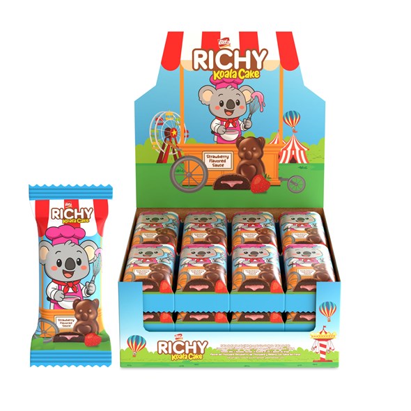 Bifa Richy Kaplamalı Çilekli Sos Dolgulu Kakaolu Kek 55 gr x 24 Adet