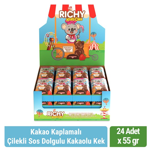 Bifa Richy Kaplamalı Çilekli Sos Dolgulu Kakaolu Kek 55 gr x 24 Adet