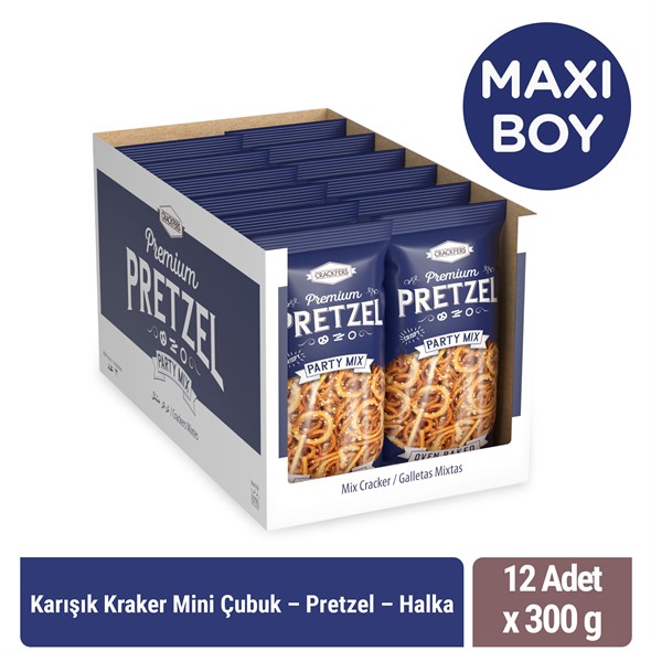 Crackfers Pretzel Tuzlu Mix Maxi Boy Kraker Kısa Çubuk - Fiyonk - Halka 300 gr x 12 Adet