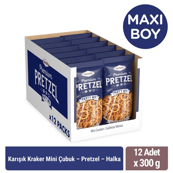 Crackfers Pretzel Tuzlu Mix Maxi Boy Kraker Kısa Çubuk - Fiyonk - Halka 300 gr x 12 Adet