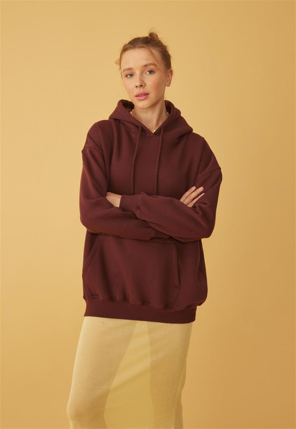 Kadın Oversize Çikolata Kapüşonlu Sweatshirt