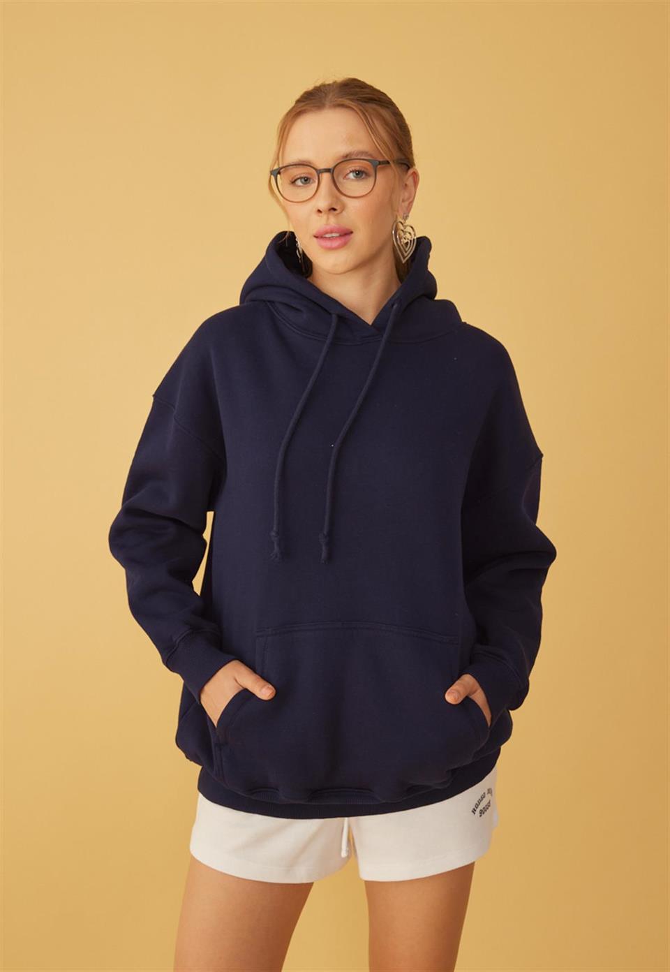 Kadın Oversize Navy Kapüşonlu Sweatshirt