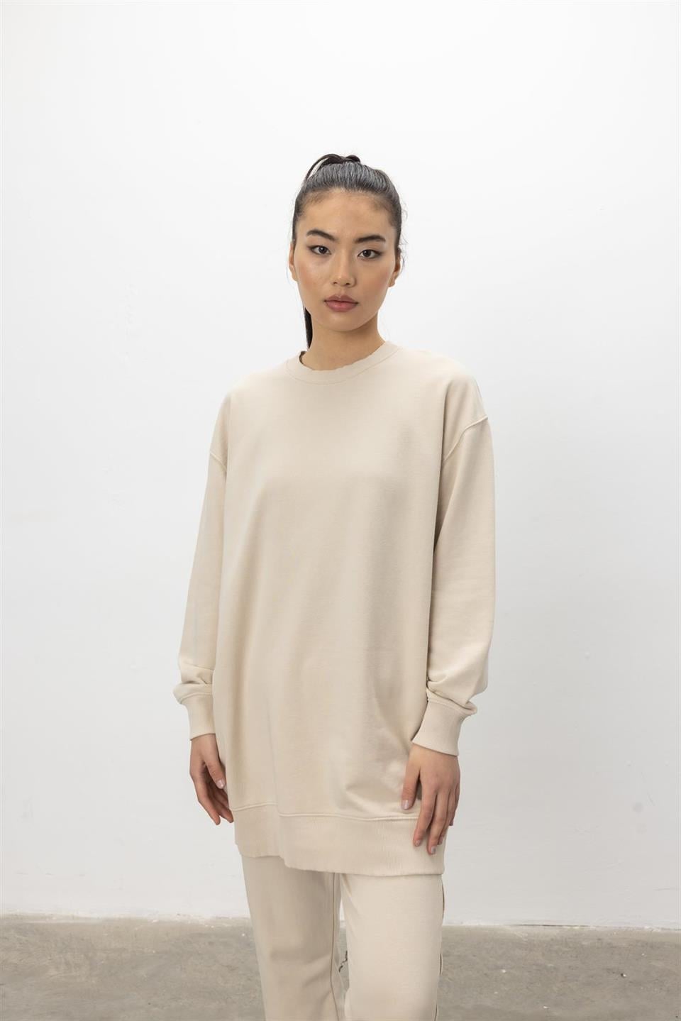 Oversize Basic 3 İplik Diagonel Kumaş Şardonsuz Uzun Sweatshirt