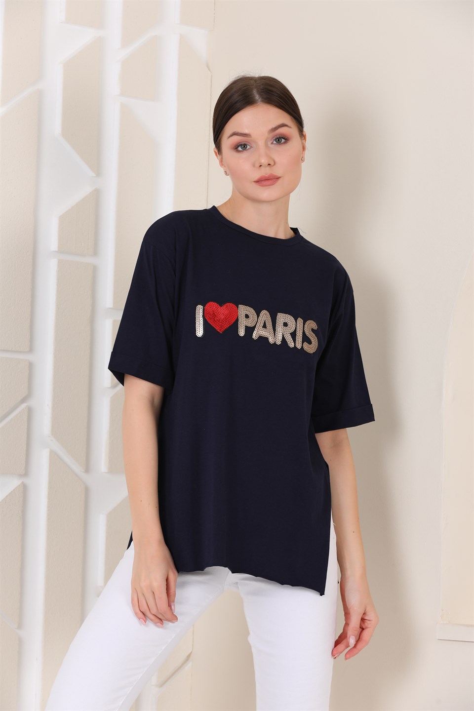 Bayan Oversize Paris Baskılı Yırtmaçlı T-shirt