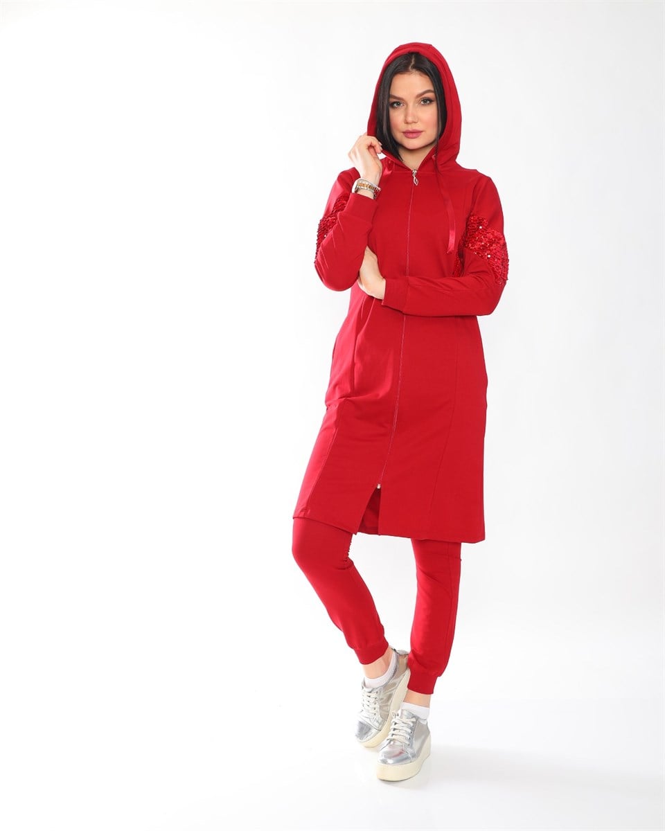 083195274 - Bayan Pul Payet Detaylı Kapüşonlu Fermanlı Tunik Eşofman Takım -westbound