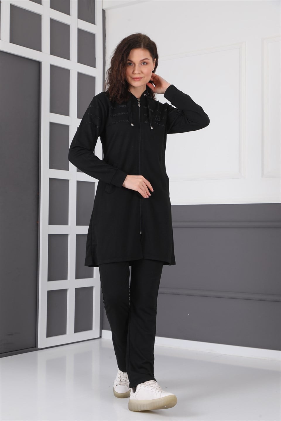 56084006102 - Bayan Taş Detaylı Fermuarlı Kapüşonlu Tesettür Eşofman Takımı -westbound