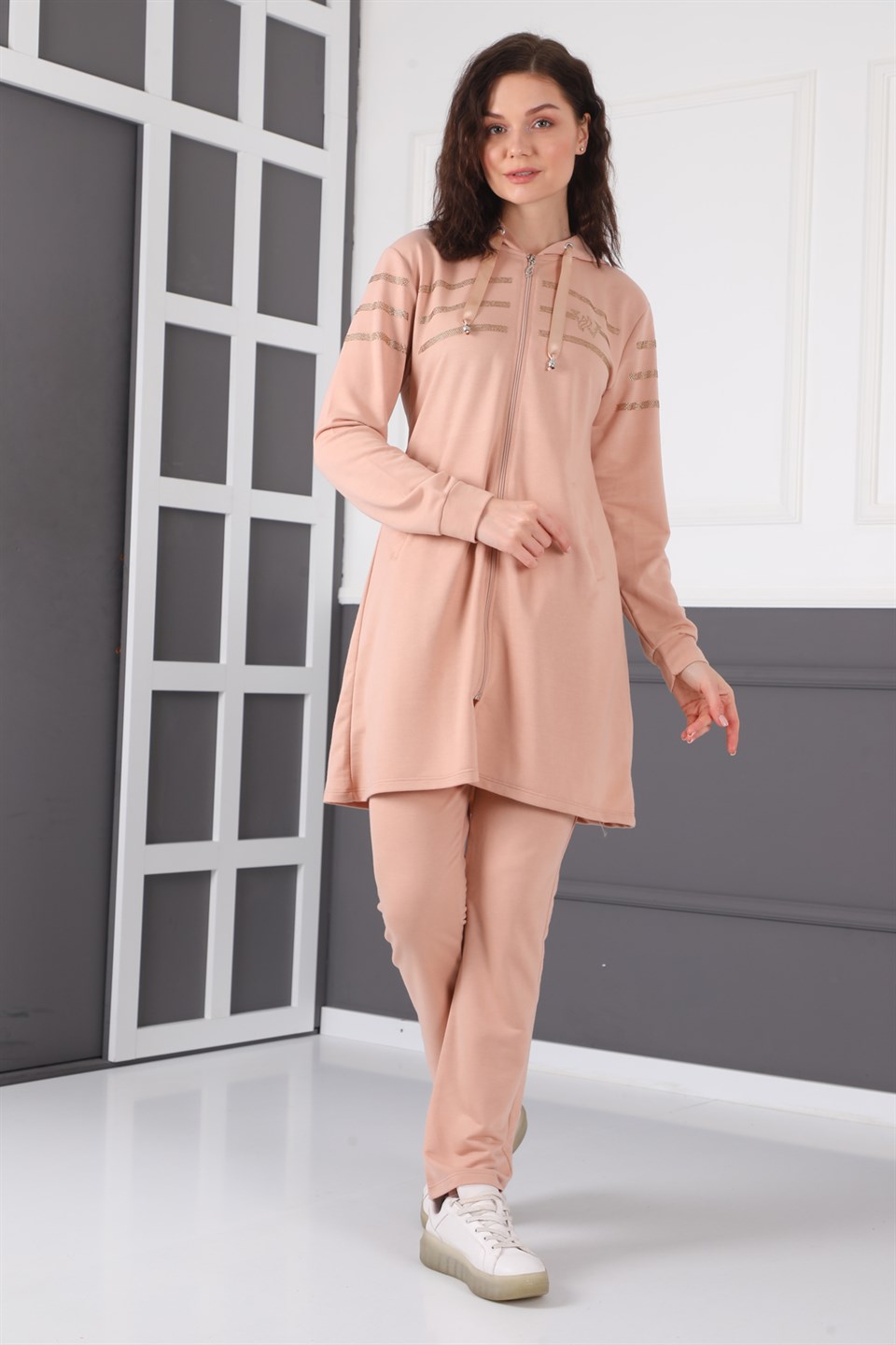 632014107650 - Bayan Taş Detaylı Fermuarlı Kapüşonlu Tesettür Eşofman Takımı -westbound