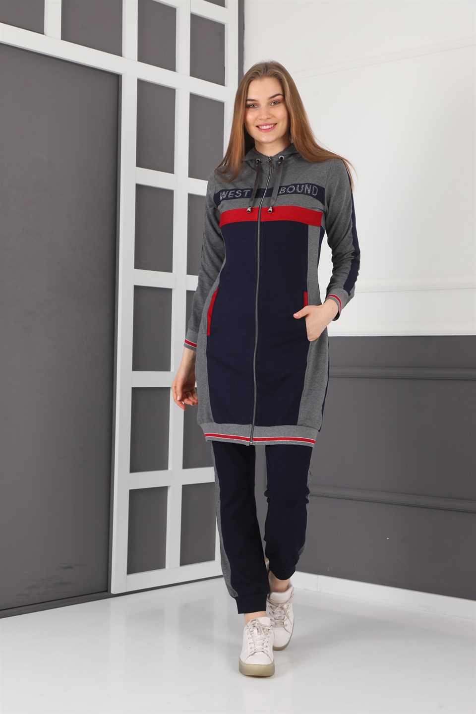 16508030841 - Bayan Taş Detaylı Fermuarlı Kapüşonlu Tunik Eşofman Takımı -westbound