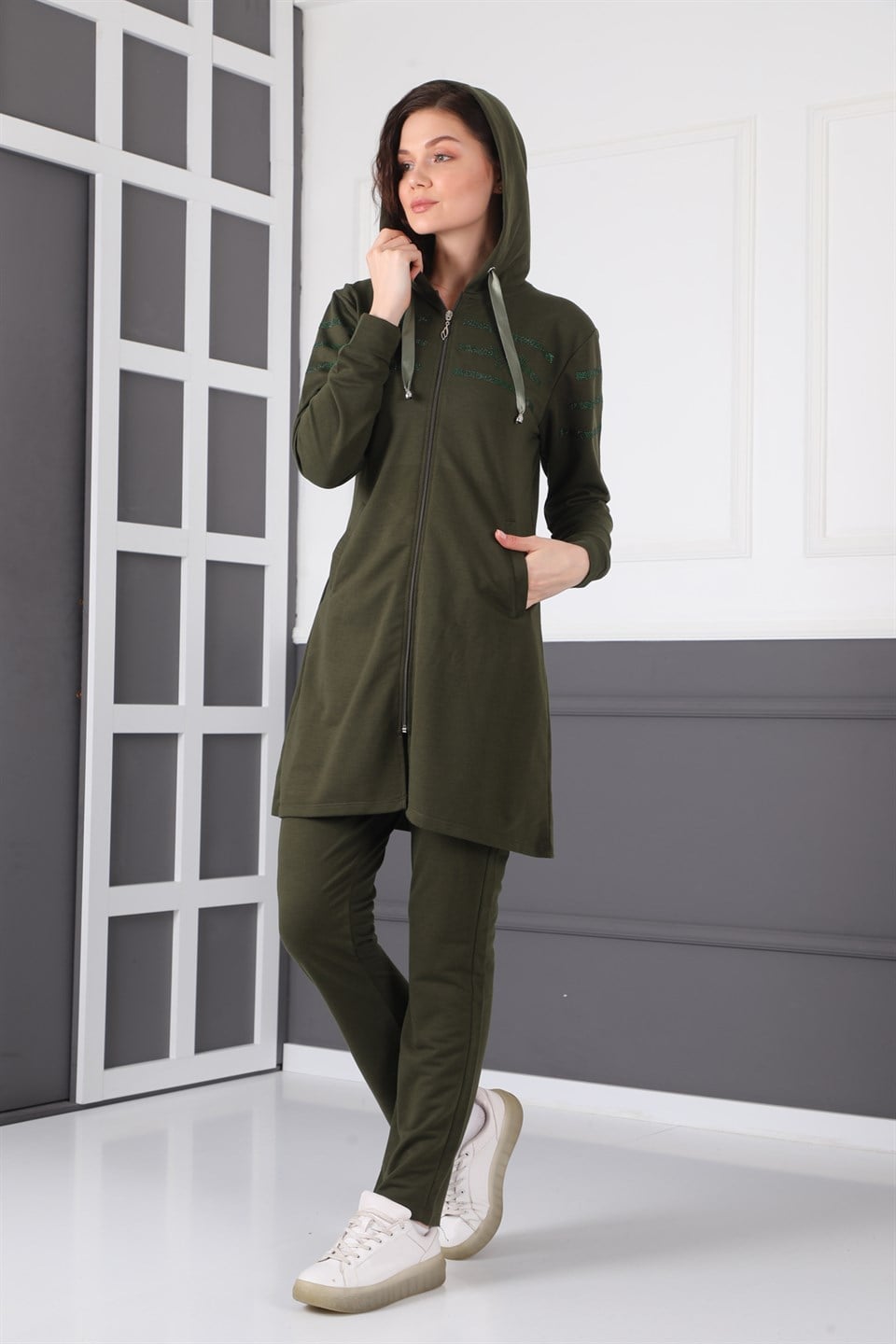 705605149053 - Bayan Taş Detaylı Fermuarlı Kapüşonlu Tesettür Eşofman Takımı -westbound