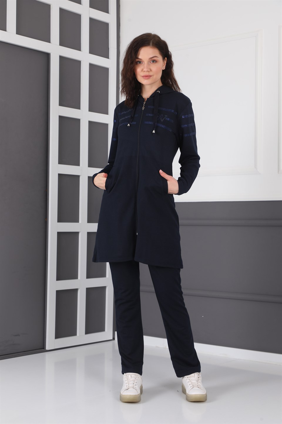 49087023014 - Bayan Taş Detaylı Fermuarlı Kapüşonlu Tesettür Eşofman Takımı -westbound