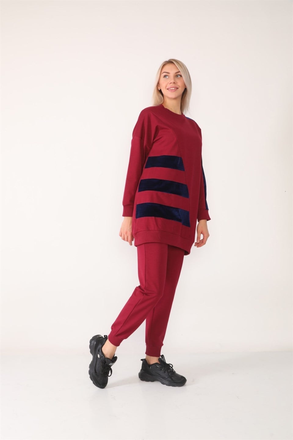 6984561 - Bayan Üç Şerit Kadife Garnili Tunik Eşofman Takım -westbound