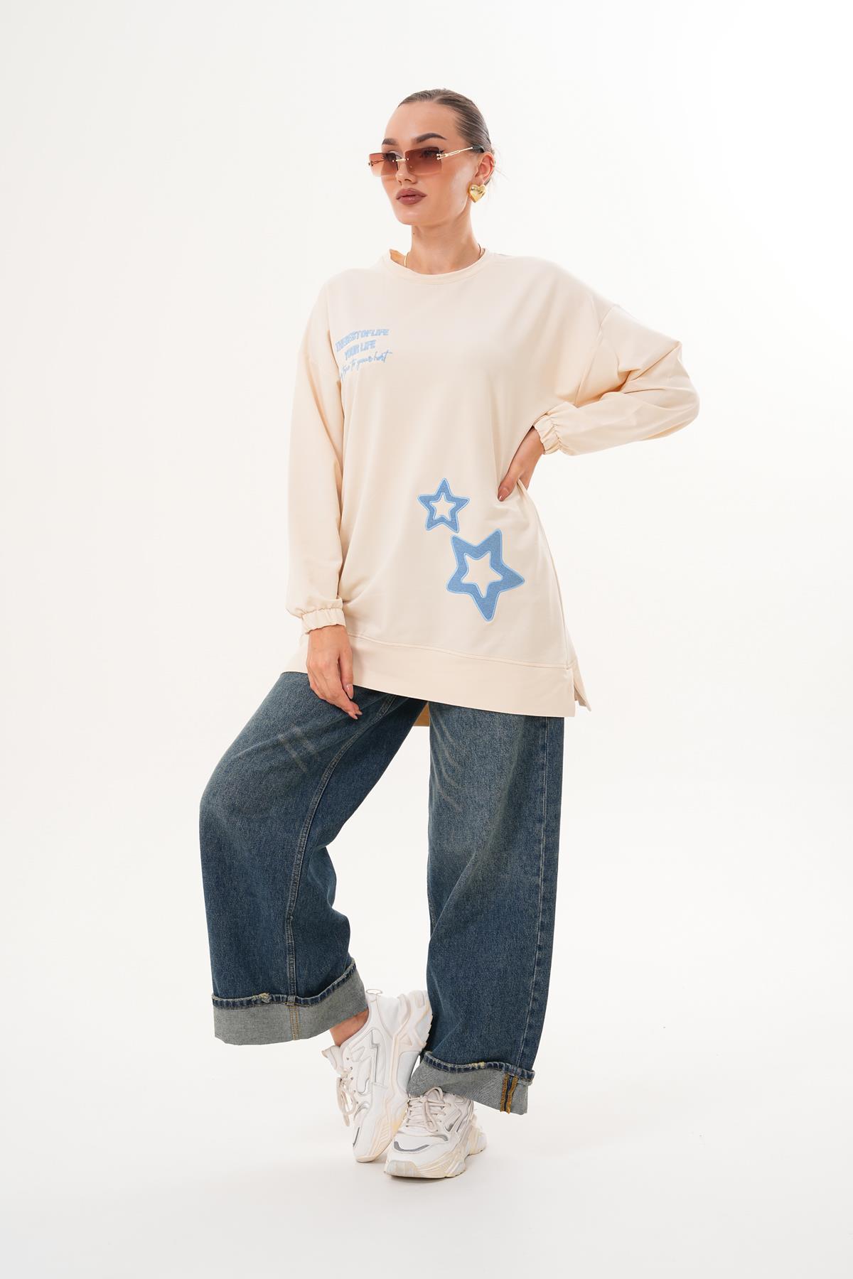 711 - BEJ Yıldız Desenli Bisiklet Yaka Kadın Sweatshirt Tunik 711 -westbound