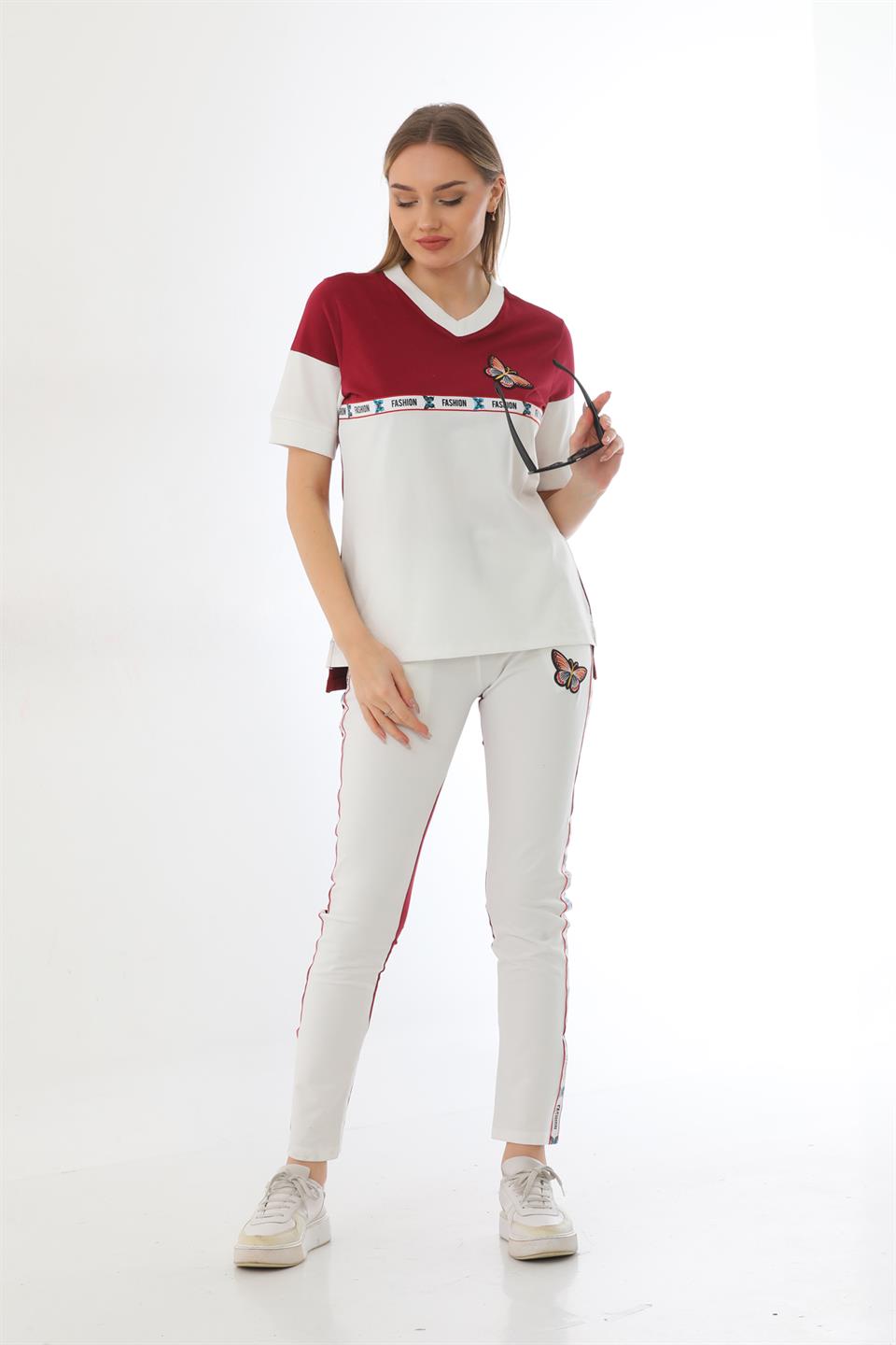 419 - Bordo Trend Fashion Kelebek Motifli Kadın Eşofman Takımı -westbound
