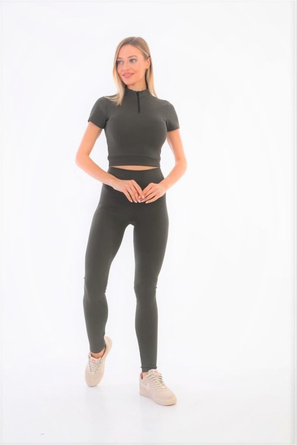 Aff-Fit-012 - Fitilli Fermuarlı Kadın Crop Bustiyer - Haki Yeşil -westbound