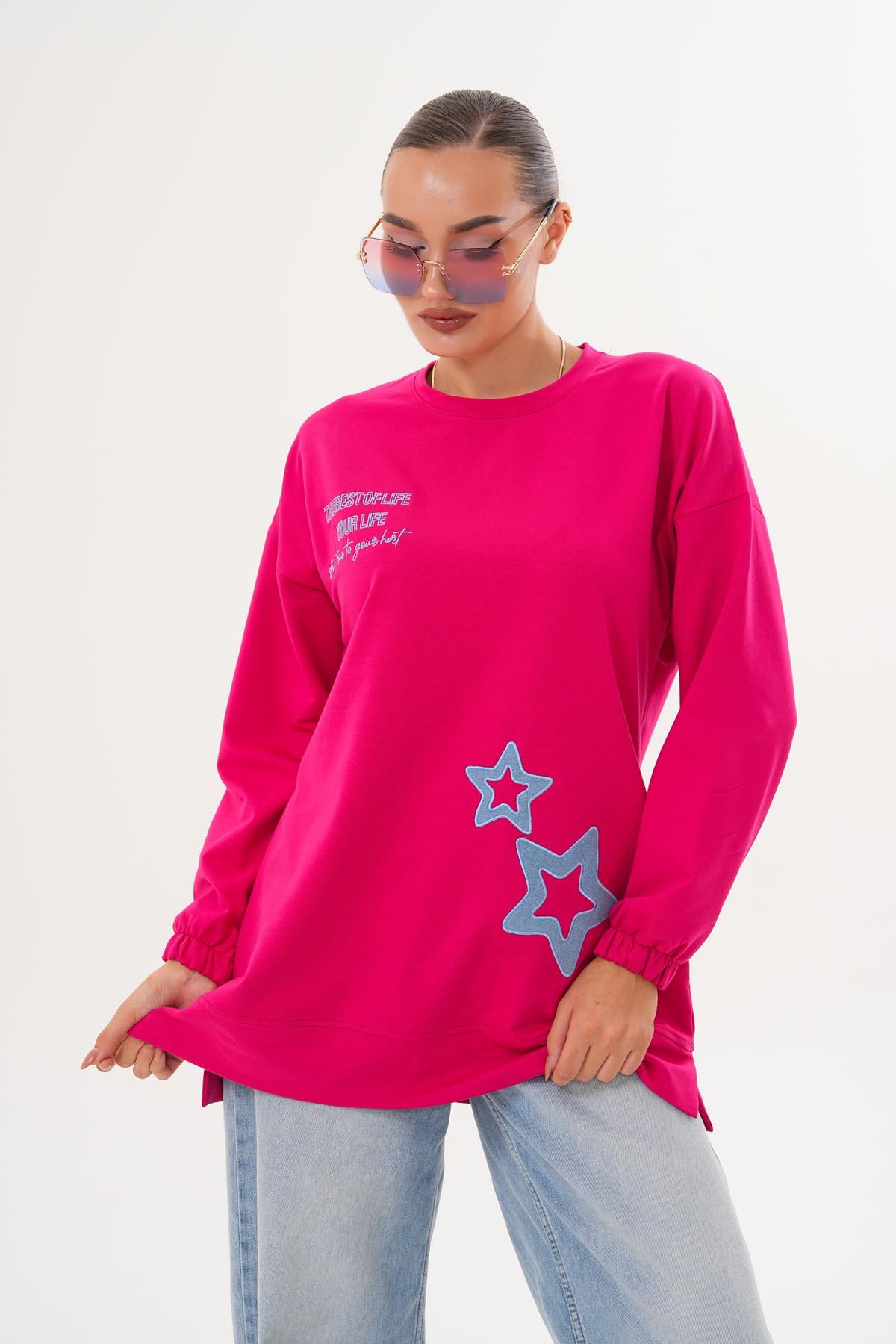 711 - Fuşya Yıldız Desenli Bisiklet Yaka Kadın Sweatshirt Tunik 711 -westbound